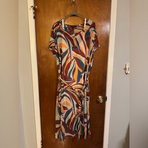 Lane Bryant Multicolor Abstract Wrap Midi Dress - Blue/Tan/Maroon/Cream